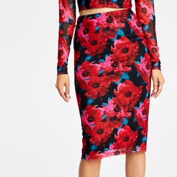 Bar III Dresses & Skirts - BAR lll Floral Mesh Midi Slip Skirt Red Size S